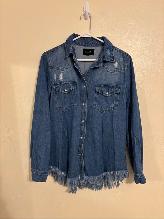 Risen Los Angeles Tops - Risen Denim Shirt Women M Distressed Raw Fringe Hem Western Button Up